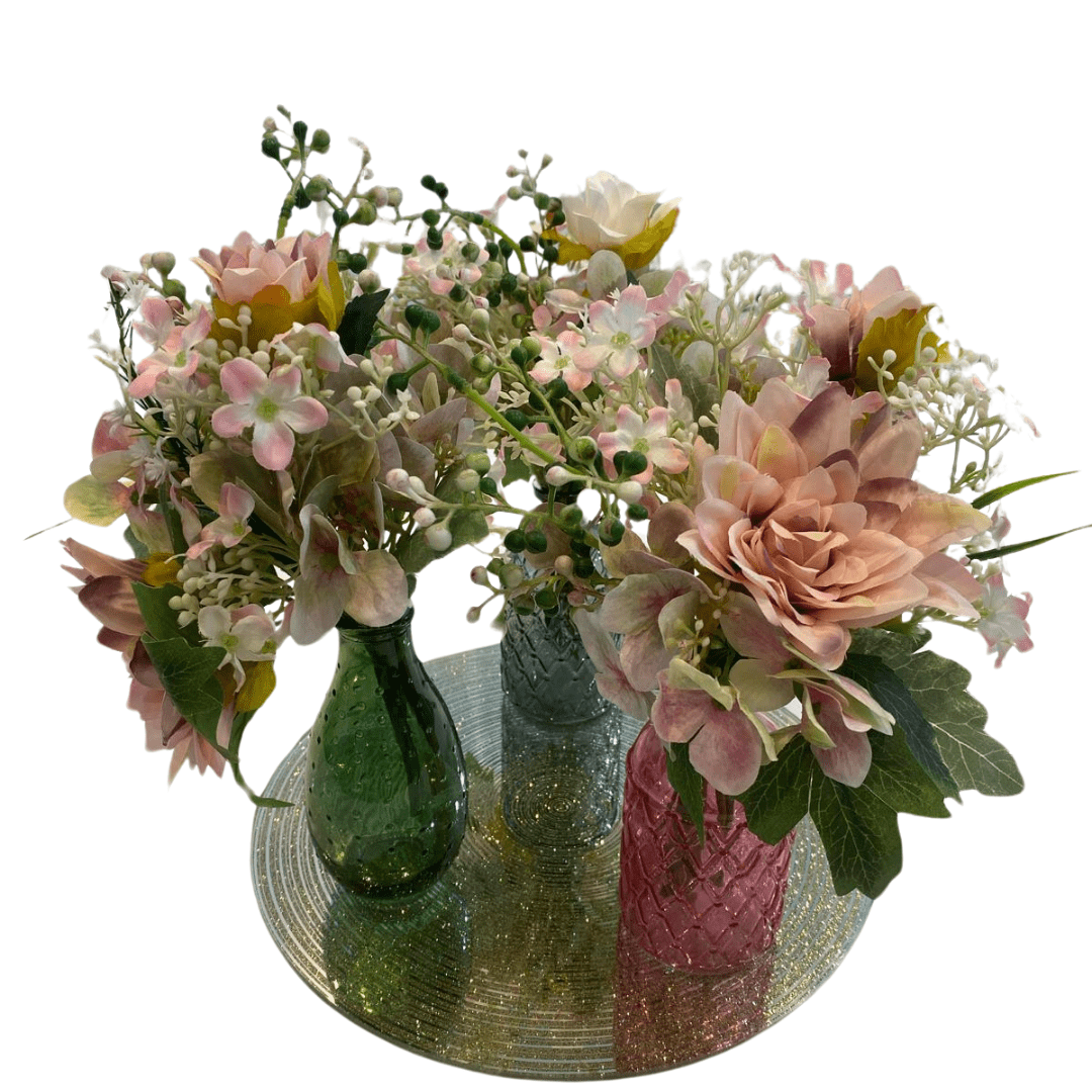 Vintage Coloured Bottles With Artificial Flowers and Mirror Plate