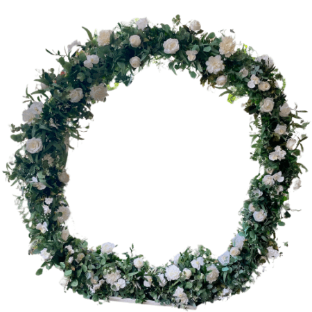 Full Moon Gate Arch Decorated with Faux Ivory Flowers & Eucalyptus